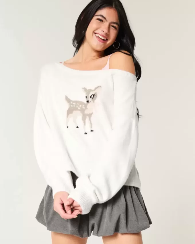 Hollister Comfy Cloud Easy Off-the-Shoulder Trui met Hertenmotief Hollister Comfy Cloud Easy Off-the-Shoulder Trui met Hertenmotief