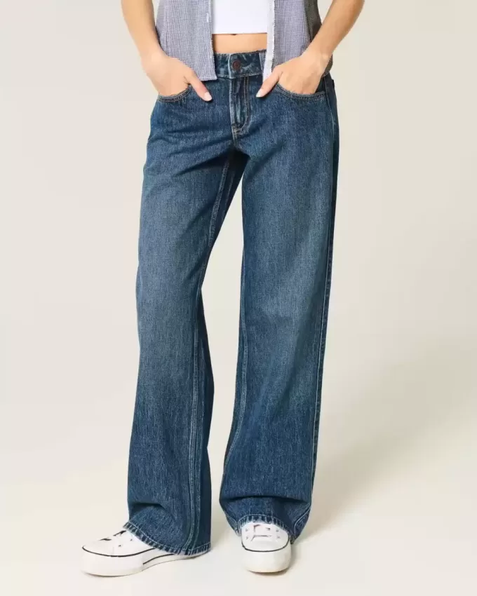 Laag uitgesneden baggy jeans met donkere wassing Laag uitgesneden baggy jeans met donkere wassing
