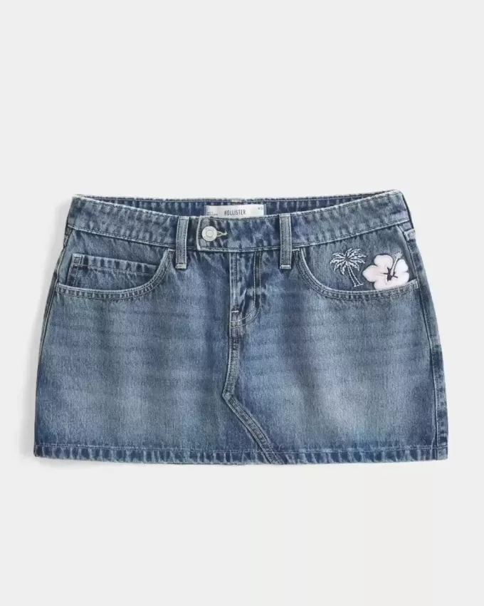 Laag uitgesneden geborduurde denim minirok Laag uitgesneden geborduurde denim minirok